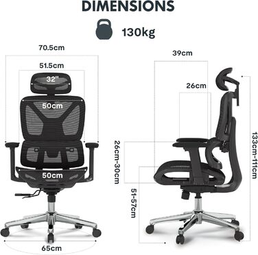Крісло офісне ергономічне FLEXISPOT C7 Lite-Mesh, чорне, з 3D підлокітниками, 3D підголовником, 5D спинкою, до 130 кг