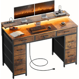 Комп'ютерний стіл з 8 висувними ящиками, 2 розетками, USB-портами, LED-підсвічуванням та підставкою для монітора, 120 x 50 x 74 см, Колір: Коричневий