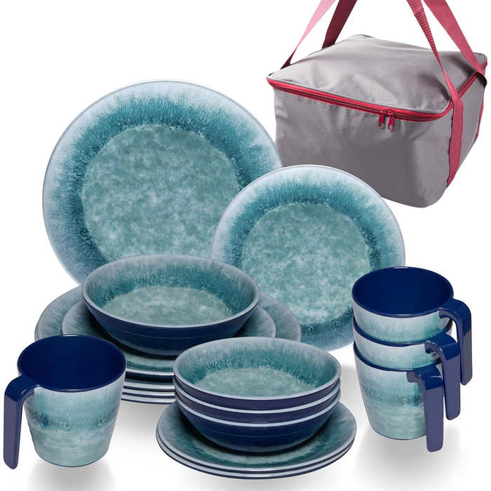 Набір посуду Melamin Adria Blue (17 предметів) - посуд для кемпінгу, подорожей, пікніків та відпочинку на природі
