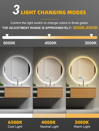 Дзеркало для ванної кімнати Bellanny LED з підсвічуванням 60 см | Настінне дзеркало для макіяжу, косметичне дзеркало | Дзеркало для макіяжу з сенсорним вимикачем, 3 кольори світла, регулювання яскравості, проти запотівання, IP44, кругле, горизонтальне/вер