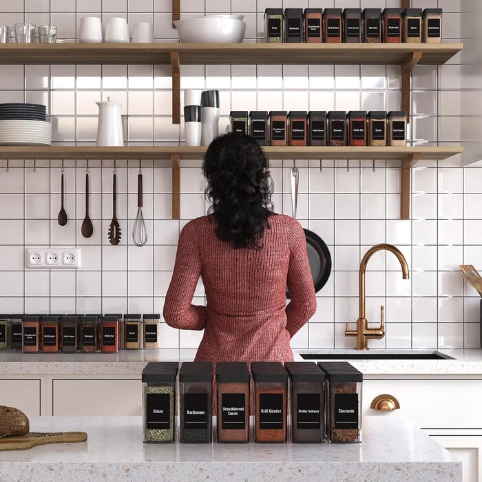 Набір кутових банок для спецій з кришкою, 32 шт по 120 мл, чорний, з дозатором та 120 етикетами