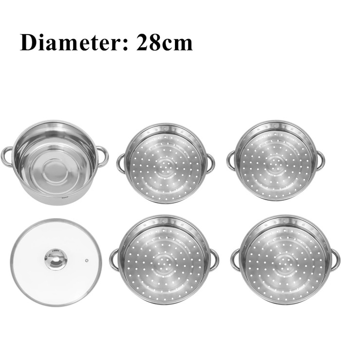 Шаровий пароварка з нержавіючої сталі, 4-ступінчастий, знімний, скляна кришка, великий об'єм (28 см), 26/28/30 5-