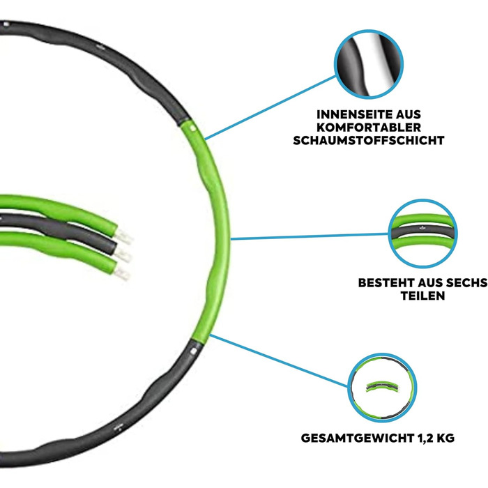Фітнес-шина - 1,2 кг Хула-хуп Спортивні шини Комфортний шар піни Шість частин М'язи живота Втрата ваги і Зелений Діаметр 100см Матчу Спортс (зелений)