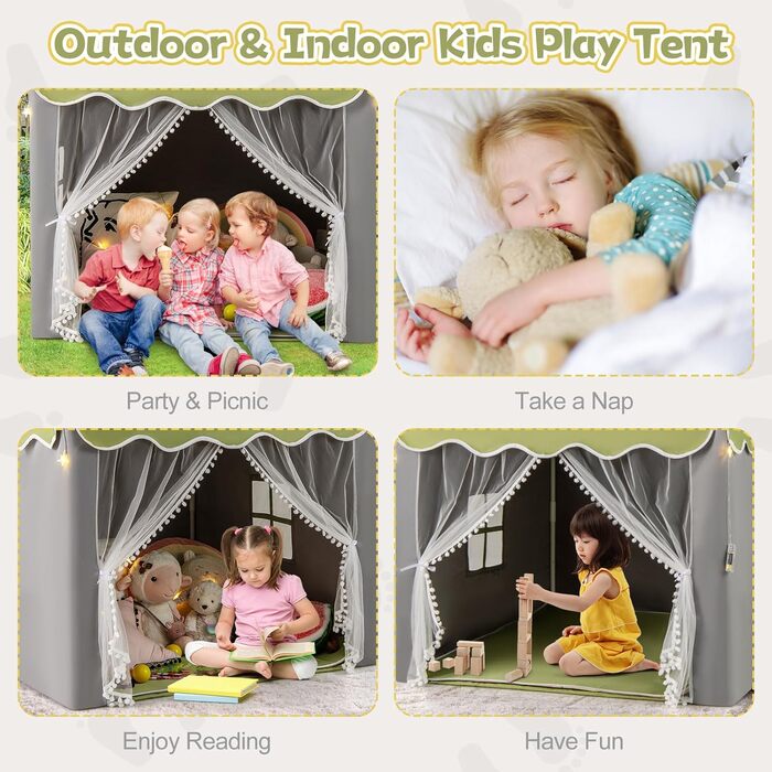 Дитячий намет HOMASIS для гри в приміщенні, ігровий будиночок з килимком, зірками та вікнами, з подвійним занавісом, намет для дівчаток та хлопчиків, намет- tipi (зелений)