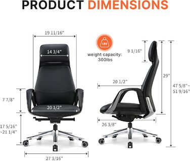 Крісло офісне EUREKA ERGONOMIC з шкіри, чорне: регульоване, ергономічне, для офісу та дому