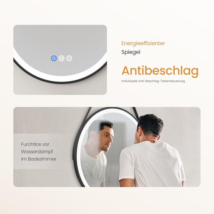 Круглий дзеркало для ванної кімнати EMKE з підсвічуванням 50 см, 3 кольори, регулювання яскравості, антизапар, пам'ять, сенсорне управління, таймер 3 години, енергозберігаючий