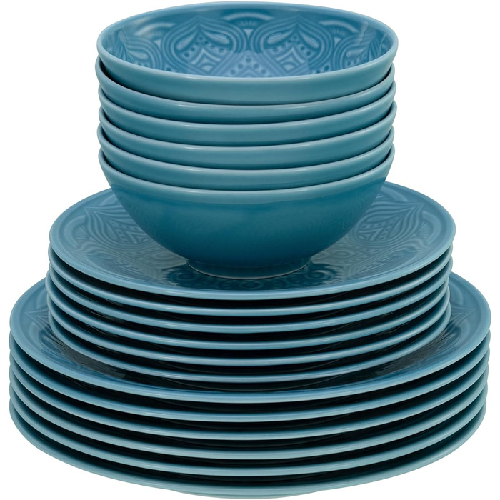 Набір посуду серії Orient Mandala 18шт, набір порцелянових тарілок (набір тарілок 18шт, аквамарин), 21627