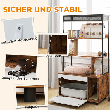 Котомийка з 3-ярусним стелажем та когтеточкою, закритий лоток для котів, 80 x 48 x 152 см, Коричневий