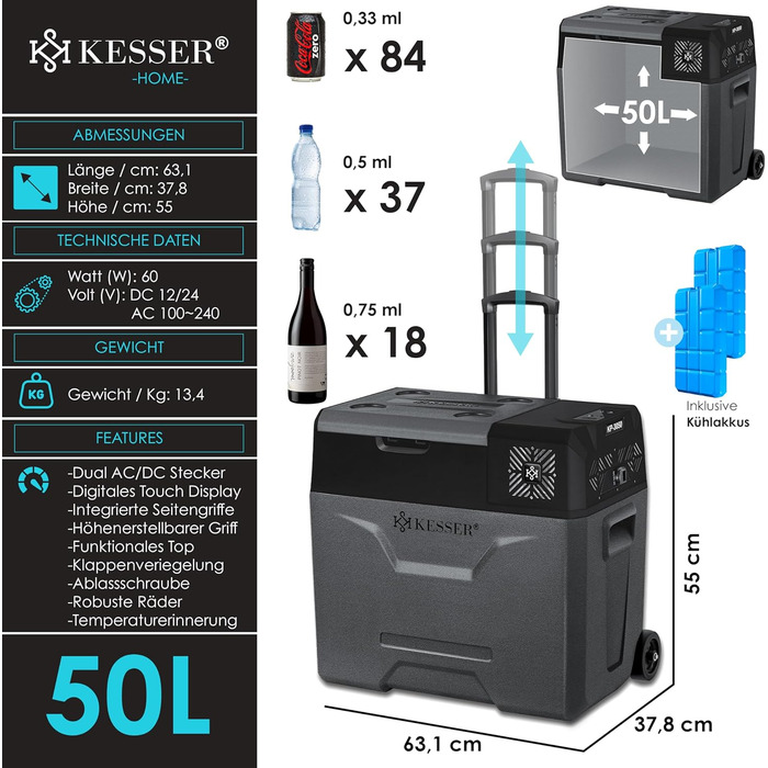 Електрична холодильна та морозильна камера KESSER® Kompressor, 50 літрів з керуванням через APP, USB, 12/24V/230V, телескопічна стійка, акумулятори холоду, колеса, охолодження до -20°C для авто, вантажівок, човнів, антрацит/чорний