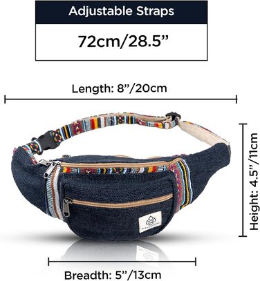 Поясна сумка унісекс Freakmandu Hemp Fanny Pack поясна сумка для сумок через плече, стиль бохо-хіпі, поясні сумки ручної роботи для прогулянок, бігу, бігу, чоловіків і жінок (One Size, Azure)