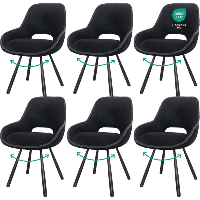 Набір з 6 обертових кухонних стільців, чорного кольору, з низькими підлокітниками, 180° оберт, автоматичне вирівнювання