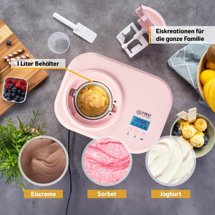 Електрична машина для приготування морозива TZS First Austria 1L з компресором 3 в 1 - для морозива, сорбету та замороженого йогурту, з мірним стаканом та лопаткою, рожева