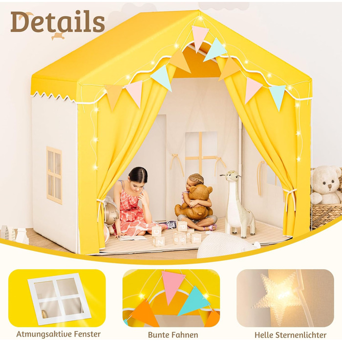 Дитяче намет-будиночок EROMMY 2-в-1 з килимком, прапорцями та світлодіодними смугами, з двома дверцятами, з даховим віконцем, для дому, від 3 років (Жовтий)