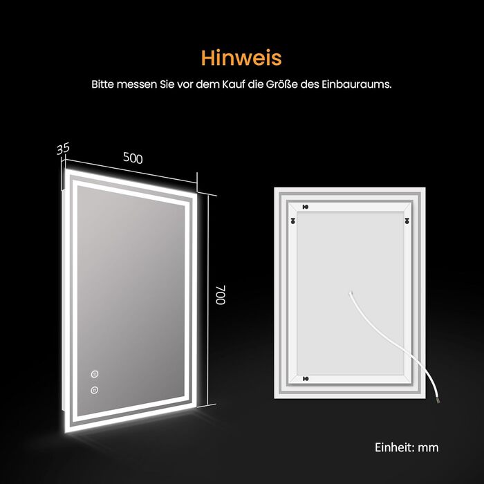 Дзеркало для ванної кімнати EMKE з підсвічуванням 50x60 см, з антизапарюванням, 2 кольори світла (тепле/холодне), LED, сенсорне управління