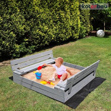 Пісочниця KOTARBAU® з кришкою, 120x120 см, дерево, сіра, з лавками