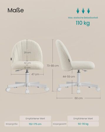 Крісло SONGMICS для дому та офісу, крісло для макіяжу з флісу, регульоване по висоті, для робочого кабінету, спальні, гардеробної, кремово-біле, OBG027WD01