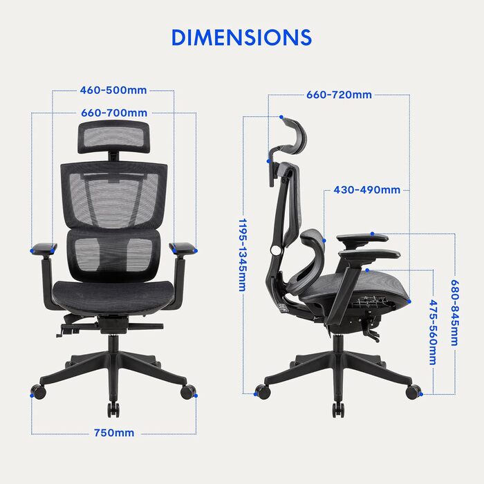 Крісло офісне ErgoX, регульована поперекова підтримка, 4D підлокітники, 2D підголівник, дихаючий матеріал, висота регулюється, до 130 кг