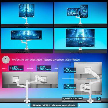 Кріплення для монітора ARES WING для 2 моніторів, 17-49 дюймів, газ-амортизатор, регулювання висоти, поворотний, VESA 75/100 мм, 2-20 кг, білий