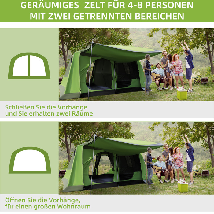 Outsunny Camping Tent Купольний намет Сімейний намет 2 спальні кабіни 4-8 осіб L405 x W305 x H225 см