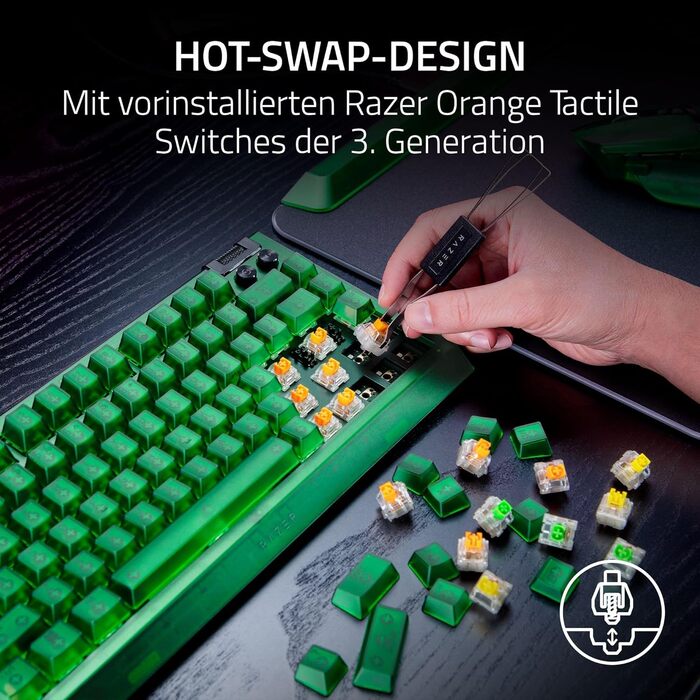 Механічна ігрова клавіатура Razer BlackWidow V4 75% з RGB підсвічуванням та Hot-swap - Оранжеві тактильні перемикачі, US Layout, Phantom Green Edition