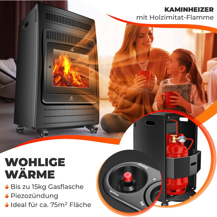 Газовий нагрівач KESSER®: газовий камін-нагрівач, 3.4 кВт, інфрачервоний, 2 режими, з регулятором та шлангом, чорний