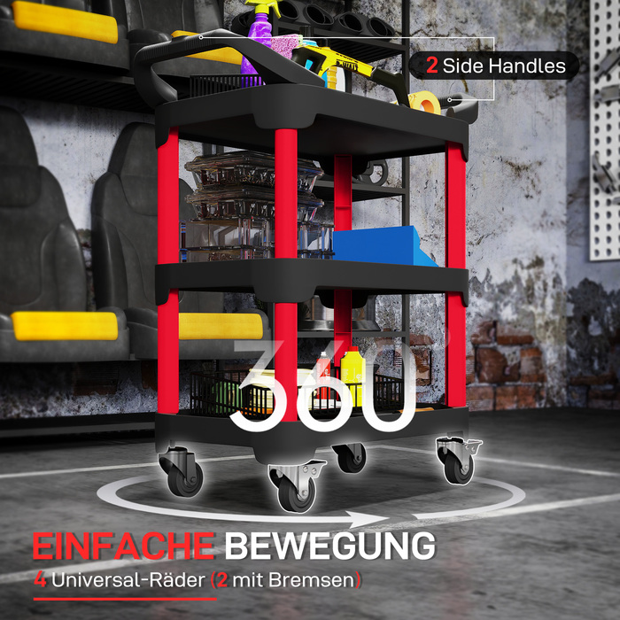 Навісний інструментальний ящик на 3 ящики з боковими ручками, колесами, з пластику, чорного кольору