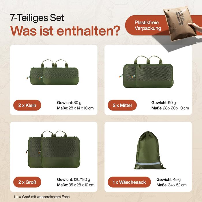 Набір компресійних органайзерів для одягу TRAVEL DUDE (7 предметів), дорожні пакувальні куби з переробленого пластику для валізи та рюкзака, темно-зелений