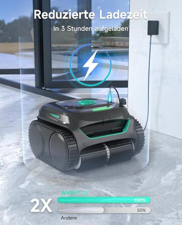 Робот-прибиральник для басейну WYBOT C2: акумуляторний, для вбудованих басейнів до 150㎡, подвійне фільтрування, потужний мотор, чищення дна та стін, 180 хв роботи, керування через додаток (чорно-зелений-сірий)