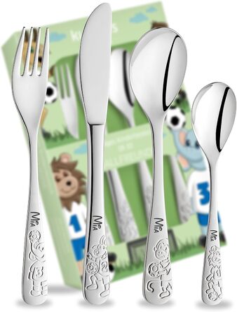 Дитячий столовий набір Ballfreunde з гравіюванням імені - унікальний дитячий столовий набір з гравіюванням, персоналізований хрещення для хлопчика/дівчинки, персоналізований столовий прилад, персоналізовані подарунки для дітей (4 шт.)
