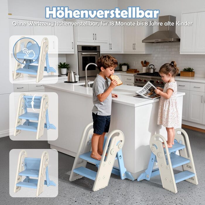 Дитячий підсвічник Onasti Tritthocker: регульована висота, 3 сходинки, з ручками, складний, антиковзний, для кухні, ванної, туалету (сірий, сіро-білий, блакитний)