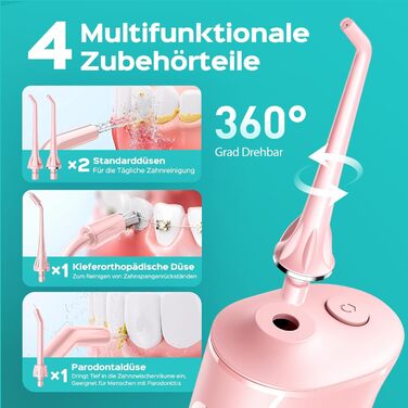 COSLUS Електрична душова насадка бездротова: 20 бар, IPX7, водонепроникна, 4 режими для гігієни порожнини рота, 5 інтенсивностей (Рожева)