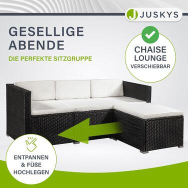 Juskys Lounge Punta Cana L: Комплект садово-розкішних меблів для 4-5 осіб (софа 3 місця, крісло, пуф, столик, подушки). Чудовий вибір для саду, тераси та балкону. Водостійкий набір меблів для відпочинку. Чорний/Крем.