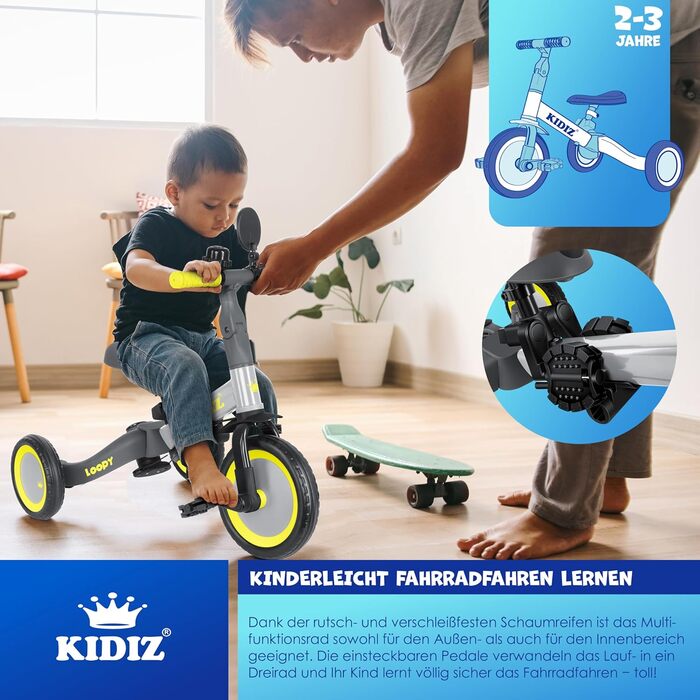 Біговел-триколіс KIDIZ 6-в-1 для дітей від 1 до 5 років (до 25 кг), сірий: з ручкою, захисним бампером, ременем безпеки, дзвінком та дзеркалом
