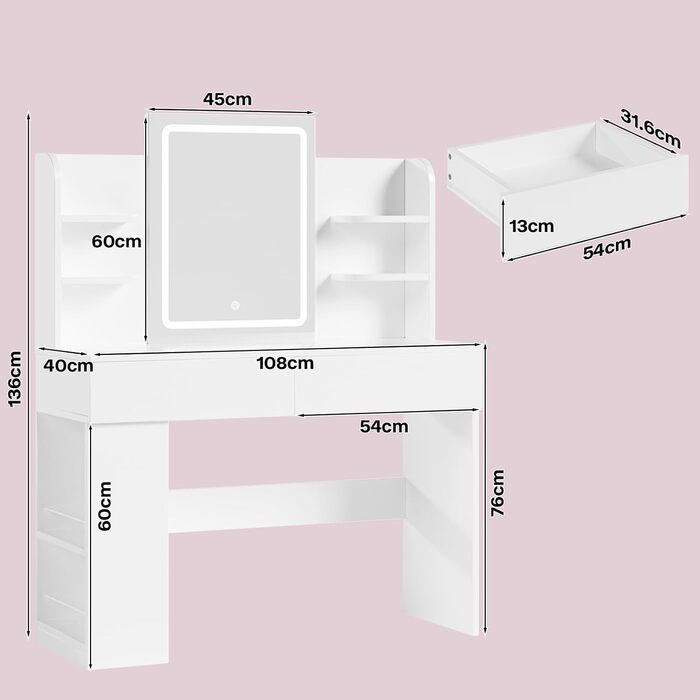 Трюмо Airfish з підсвічуванням 108x40 см: стіл для макіяжу з дзеркалом, 2 шухляди, 3 кольори, регулювання яскравості, для спальні/вітальні (білий)