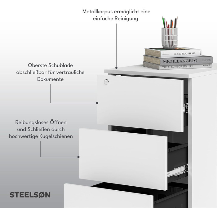 Контейнер на колесах STEELSØN з шухлядами Vespero, мобільний офісний шафчик, з можливістю замикання, 3 шухляди, білий, 65x39x50 см