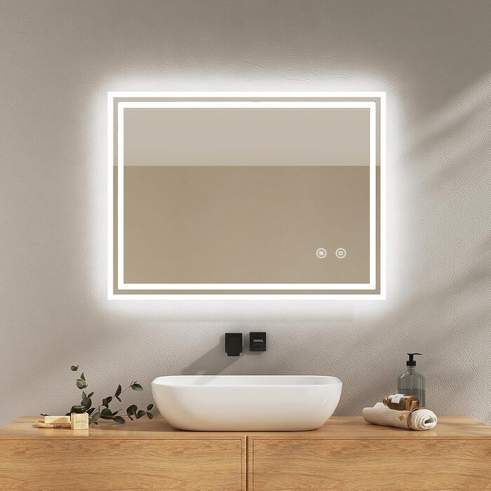 Дзеркало для ванної кімнати EMKE з підсвічуванням 50x60 см, антизапар, холодний білий, диммування, сенсорне управління, функція пам'яті, автоматичне вимкнення (3 години), IP44, енергозбереження