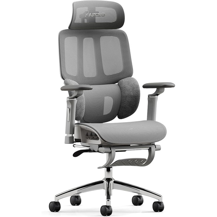 Крісло офісне MUSSO H80 Pro з ергономічною спинкою, сітчасте, з підтримкою попереку, регульовані підлокітники, підставка для ніг, темно-сіре