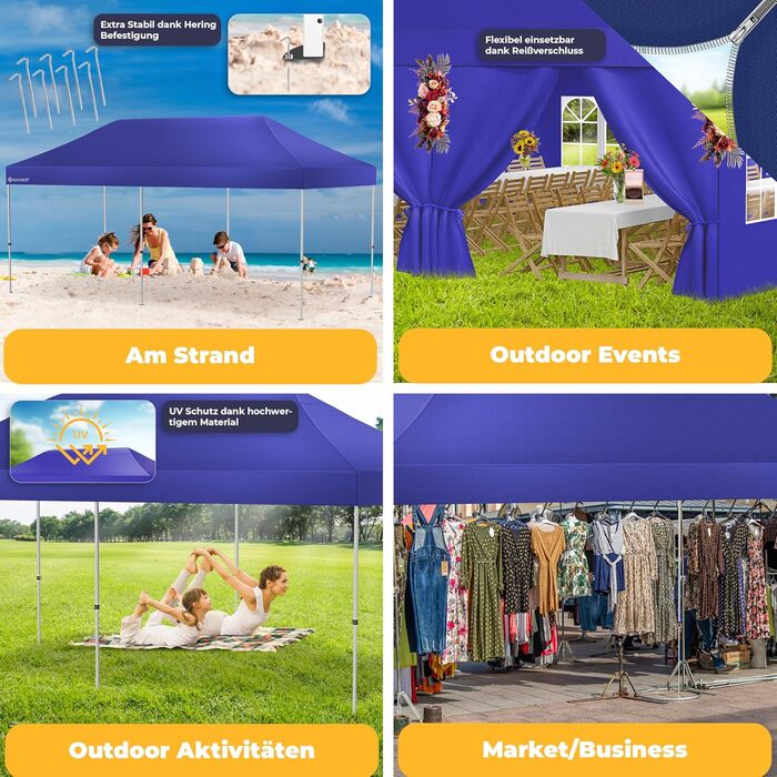 Павільйон KESSER® 6x3м з 6 знімними стінками, для саду, регульована висота, водовідштовхувальний, з сумкою, колісними анкерами, UV-захист 50+, для вечірок (Темно-синій)