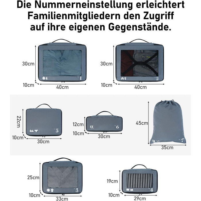 Набір органайзерів для подорожей ECOHUB (7 предметів) — органайзери для валізи та рюкзака з переробленого PET-пластику, сірі