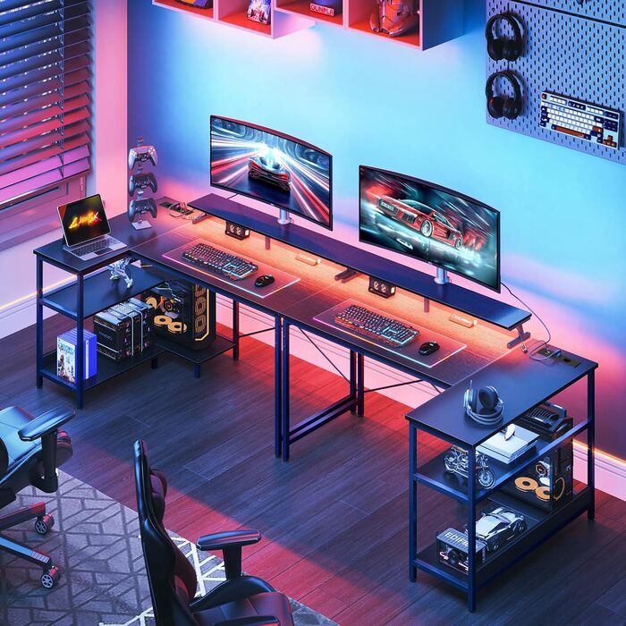 Ігровий стіл Coleshome L-подібний з LED-підсвіткою і розетками, 120x80 см, кутовий письмовий стіл з полицею, реверсивний, чорний, з підставкою для монітора для офісу та робочої кімнати