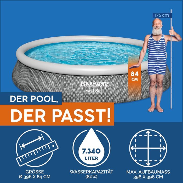 Надувний басейн Bestway Fast Set 396x84 см, круглий, сірий ратан, з фільтр-насосом