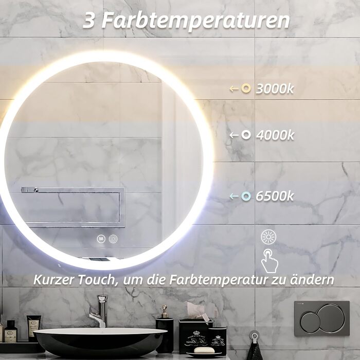 Дзеркало для ванної кімнати HySail з підсвічуванням, 5 мм, висока роздільна здатність, срібне покриття, 3 колірні температури та регульована яскравість, настінне дзеркало з сенсорним перемикачем та антизапарюючим покриттям, кругле (3 кольори + регулювання