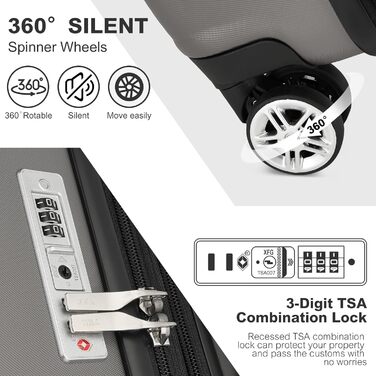 Валіза-тележка KONO, ручна поклажа, сіра (55x35x22 см) з TSA-замком та подвійними колесами