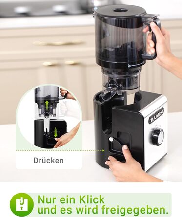 TUUMIIST Шнековий соковитискач XXL, 150 мм, 3 л, для сім'ї, 99% вижимка, BPA-free, REV Anti-Blockier System, чорний