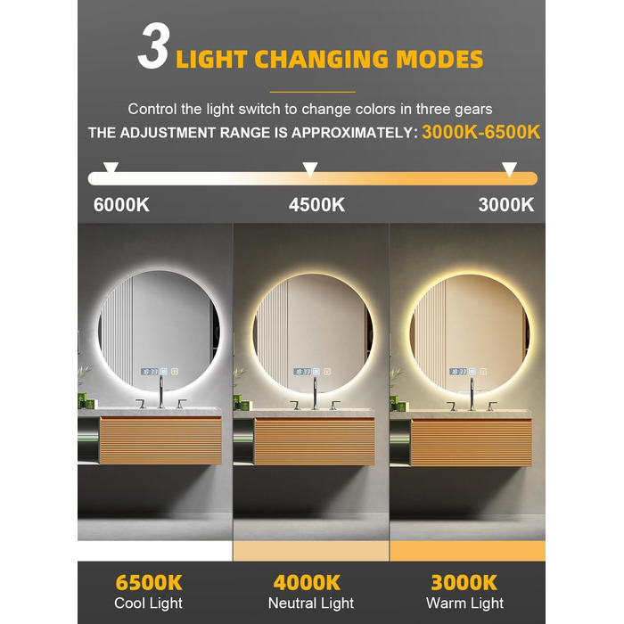 Дзеркало для ванної кімнати Bellanny LED з підсвічуванням 60 см | Настінне дзеркало для макіяжу, косметичне дзеркало | Дзеркало для макіяжу з сенсорним вимикачем, 3 кольори світла, регулювання яскравості, проти запотівання, IP44, кругле, горизонтальне/вер