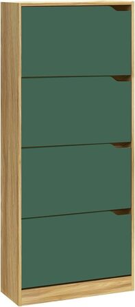 Взуттєва шафа BAKAJI з МДФ, 4 дверцята, відкидна полиця, врізні ручки, подвійна глибина, компактна, 63 x 24 x 150 см, для дому, зелений та дуб