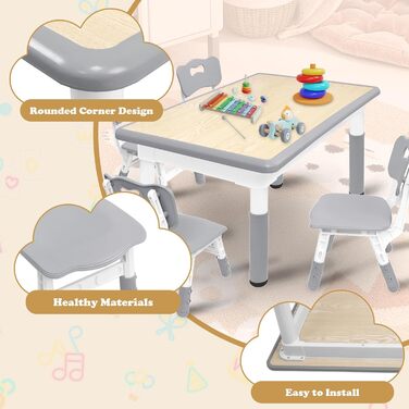 Дитячий стіл зі стільцями, дитяча група меблів, регульована висота, HDPE & ABS, багатофункціональний ігровий стіл для дітей 2-10 років, ергономічний набір столу та стільця для дитячої кімнати (120*60 см, сірий)