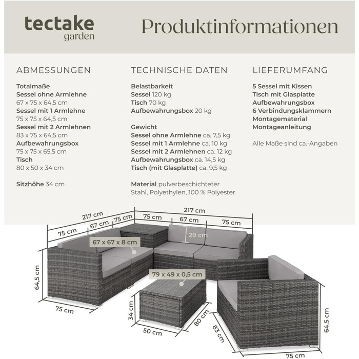 Набір садово-патіо меблів Tectake з коробкою для зберігання подушок, стіл зі скляною стільницею, сірий (403829)
