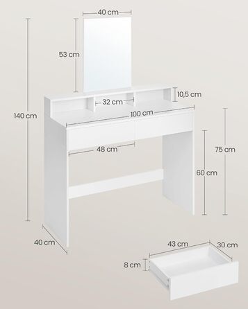 Туалетний столик VASAGLE, велике дзеркало, 2 ящики, 3 відділення, Сучасний, Білий, 100Вт x 140В см