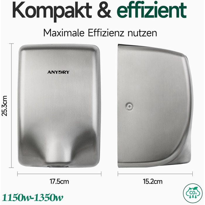 Anydry 2803Y Міні-сушарка для рук, 1350W, нержавіюча сталь, матове покриття, для офісу та дому